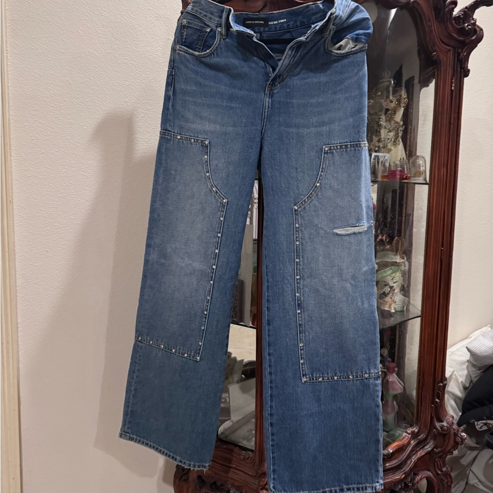 Wide Leg Patchwork Jeans - Blue